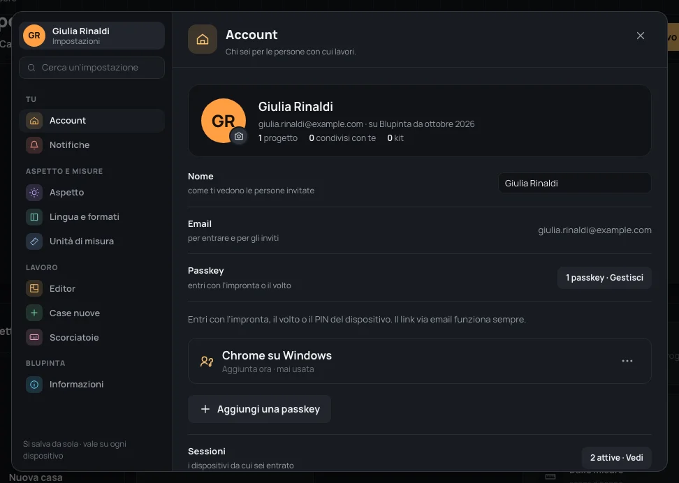 Le passkey aperte sotto la loro riga: una passkey, Chrome su Windows, aggiunta ora e mai usata, e Aggiungi una passkey