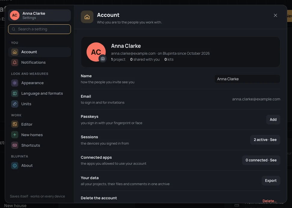 The Account section: the card with the initials, name, address and counts, then Name, Email, Passkeys, Sessions, Your data and Delete the account