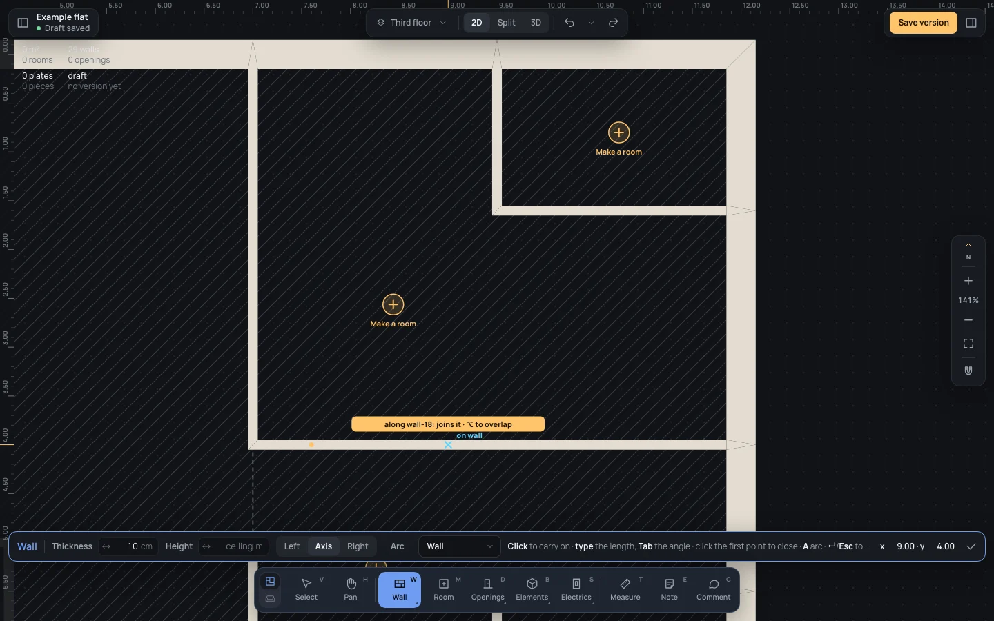 A new wall drawn along the wall between the bedroom and the hall: along wall-18: joins it · ⌥ to overlap