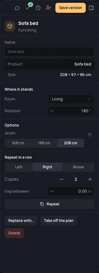 The sofa bed's inspector: Name, Product, Size, Room Living, Width 208 cm with To all in the room and To all in the house, Rotation 180°, Repeat in a row, Replace with…, Take off the plan, Delete