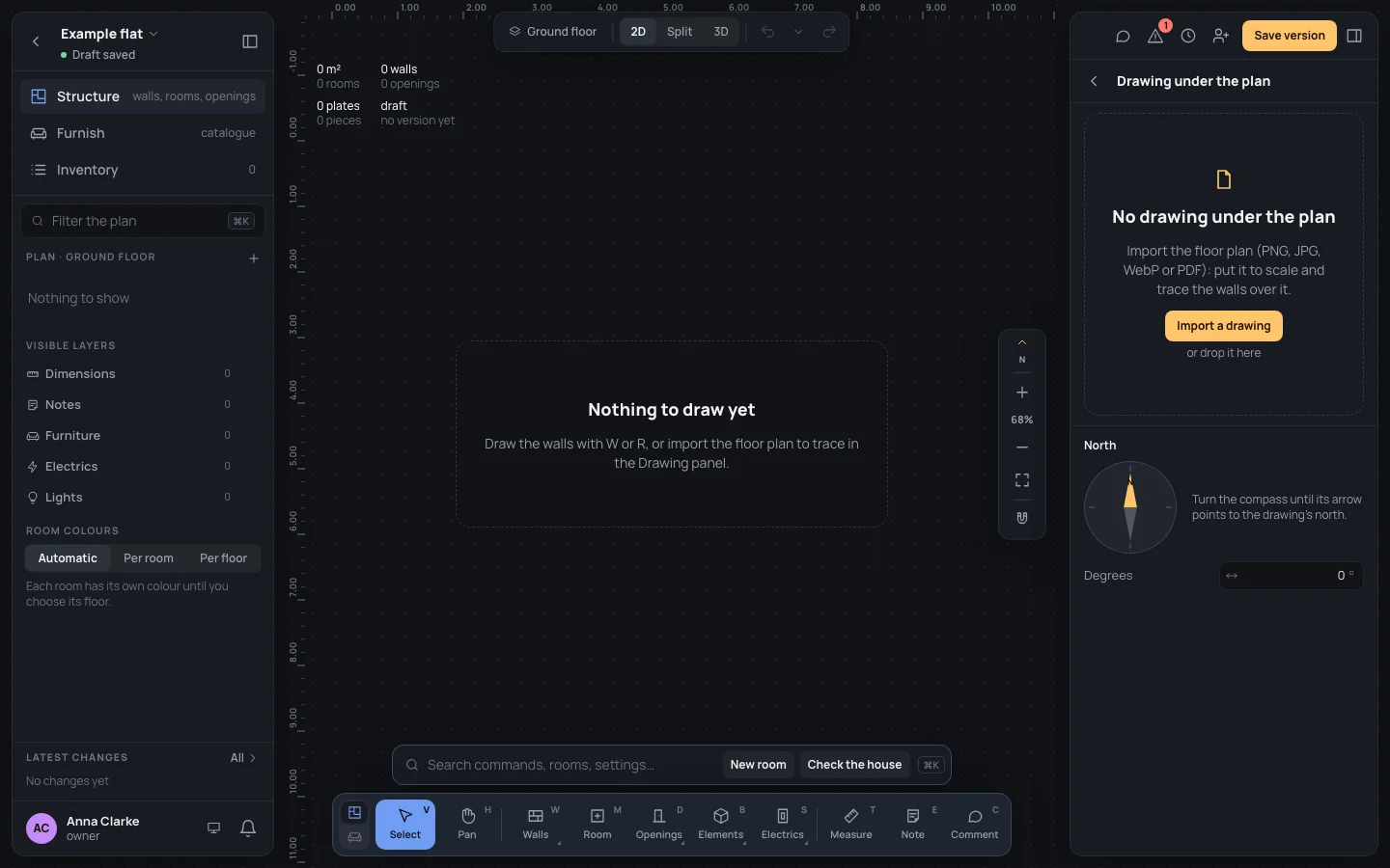 The Drawing under the plan page with no drawing yet: Import a drawing, or drop it here, and North