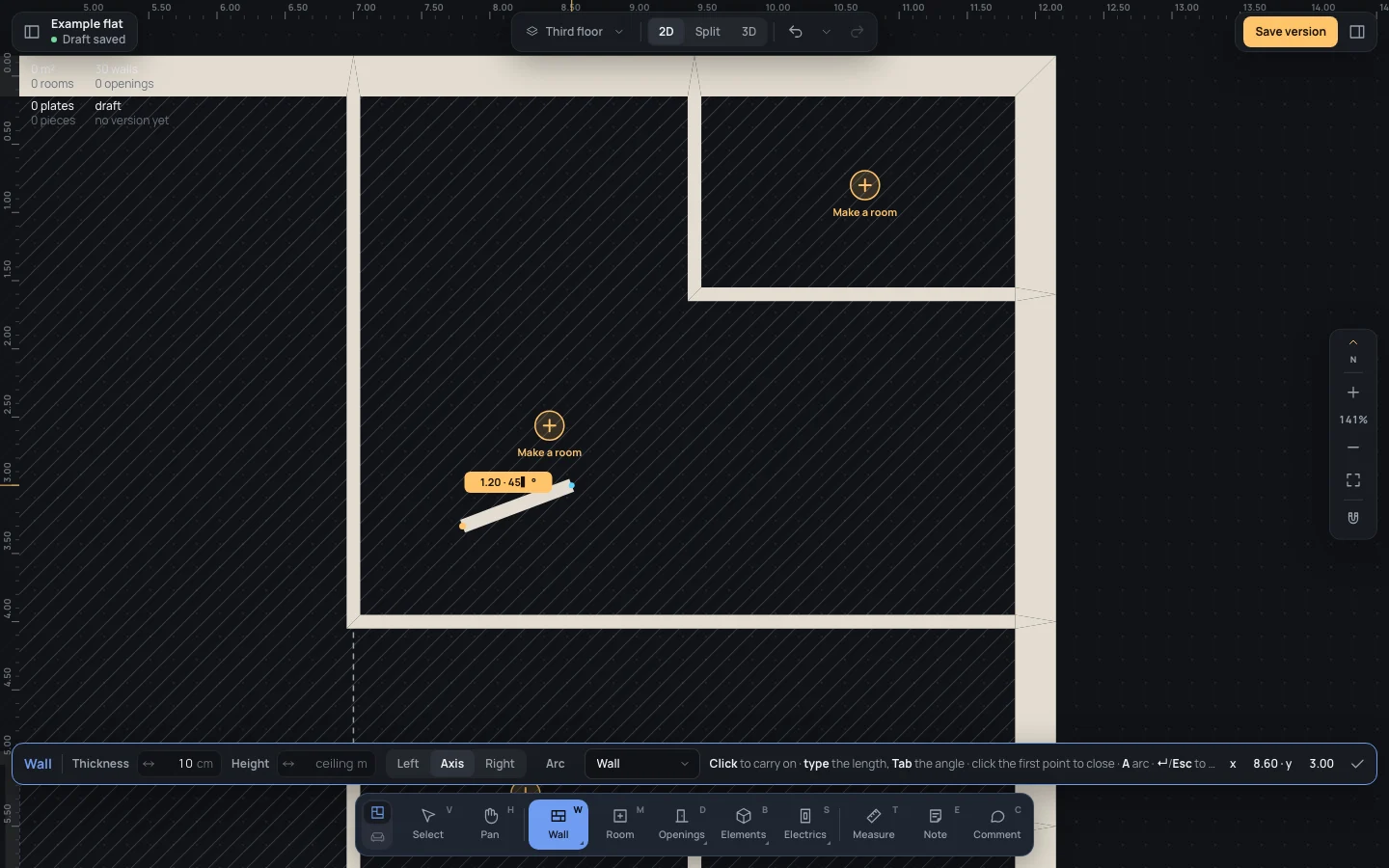 A length and an angle typed: 1.20 · 45°, the cursor on the angle