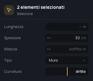 Due muri selezionati: 2 elementi selezionati, Lunghezza —, Spessore 30 cm in comune, Altezza soffitto