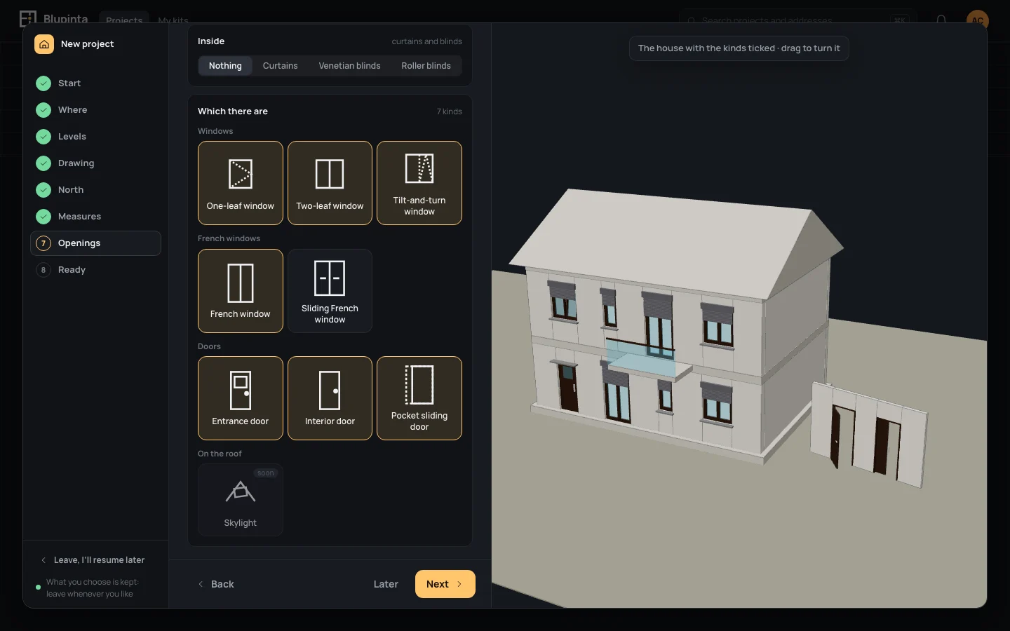 Windows and doors: the usual wooden frame, roller shutters, seven kinds ticked in their groups, the house in 3D on the right wearing them