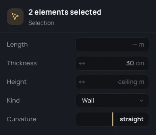 Two walls selected: 2 elements selected, Length —, Thickness 30 cm shared, Height ceiling