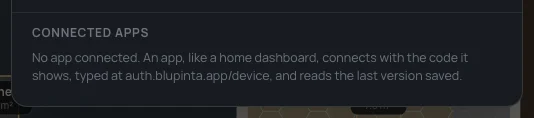 Connected apps: No app connected. Apps, like a home dashboard, read the last version saved: connecting them comes with their keys.