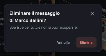 Eliminare il messaggio di Marco Bellini? Sparisce per tutti e non si può recuperare. Annulla ed Elimina