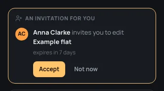 An invitation for you: Anna Clarke invites you to edit Example flat, expires in 7 days, Accept and Not now