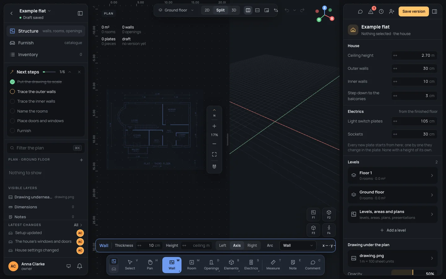 The editor after the wizard: the drawing under the plan at 1 m = 100 units, the next steps on the left, the wall tool on