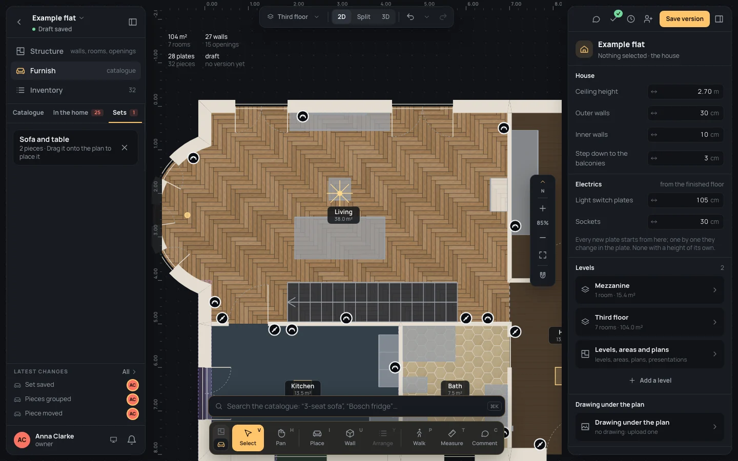 The living room furnished on the plan: the TV cabinet against the north wall, the sofa facing it with the coffee table between, the cube shelving against the east wall, and the set Sofa and table in the catalogue's Sets tab