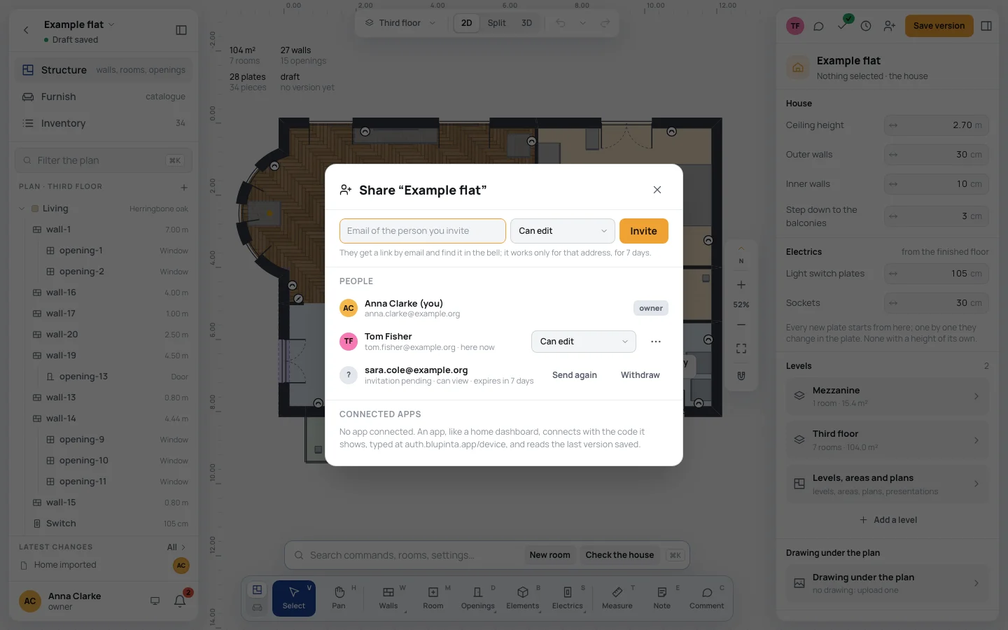 Share “Example flat”: the invitation's field, then People with the owner, Tom Fisher here now with Can edit, an invitation pending, and Connected apps