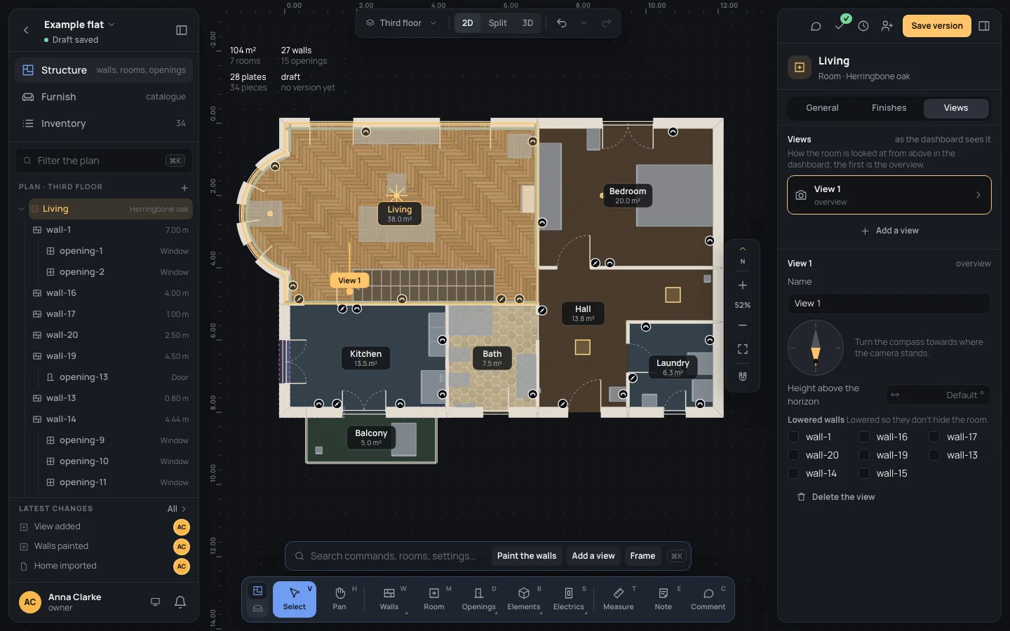 The living room's Views: View 1 as the overview, its compass, its height above the horizon and the walls it can lower; on the plan, View 1 looking from the south