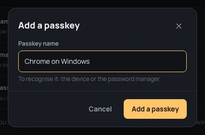 Add a passkey: the name, Chrome on Windows, and the Add a passkey button