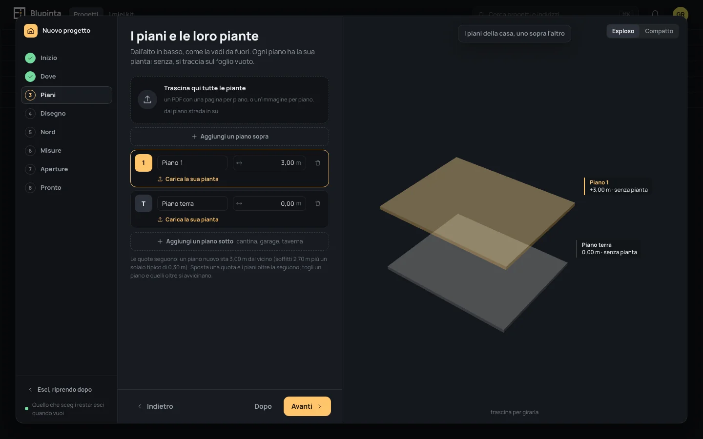 Piani: il Piano 1 a 3,00 m sopra il Piano terra a 0,00 m, ognuno con Carica la sua pianta, e a destra i due piani in 3D, staccati