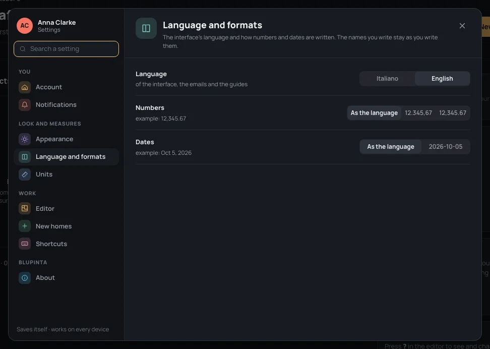 Language and formats: Language, Numbers and Dates, each with an example