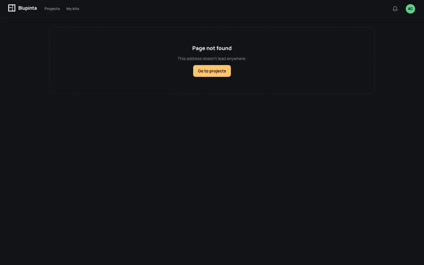 An address that leads nowhere: Page not found, and Go to projects
