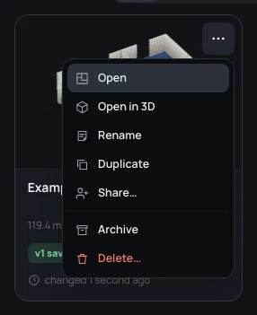 The menu of the Example flat's card: Open, Open in 3D, Rename, Duplicate, Share…, Archive, Delete…
