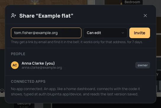 An address typed in the field, Can edit beside it, and Invite