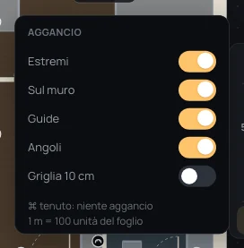 Il riquadro Aggancio: Estremi, Sul muro, Guide e Angoli accesi, Griglia 10 cm spenta
