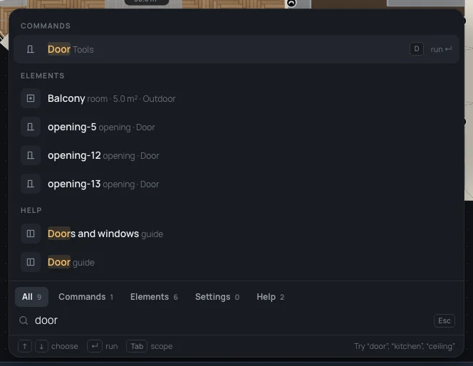 door typed: All 7, Commands 1, Elements 6; the Door command with its key D, then the plan's elements: the Balcony (its floor is Outdoor) and the doors