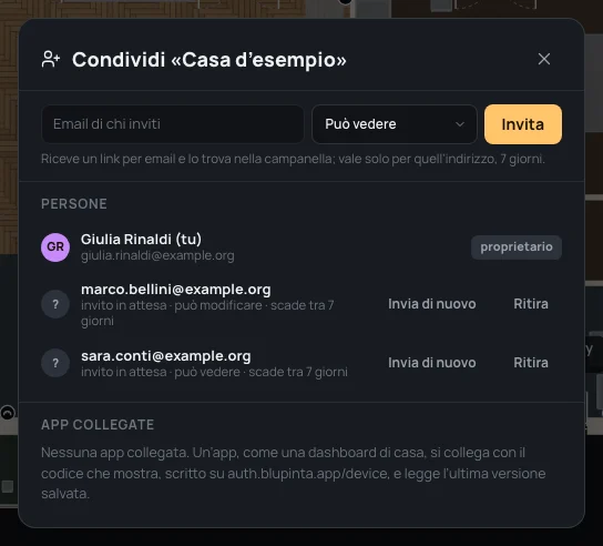 Due inviti in attesa, uno Può vedere e uno Può modificare, che scadono tra 7 giorni, con Invia di nuovo e Ritira
