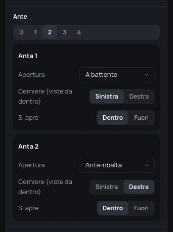 La parte Ante di una finestra anta-ribalta: due ante, la prima a battente con le cerniere a sinistra, la seconda anta-ribalta con le cerniere a destra, tutte e due verso dentro