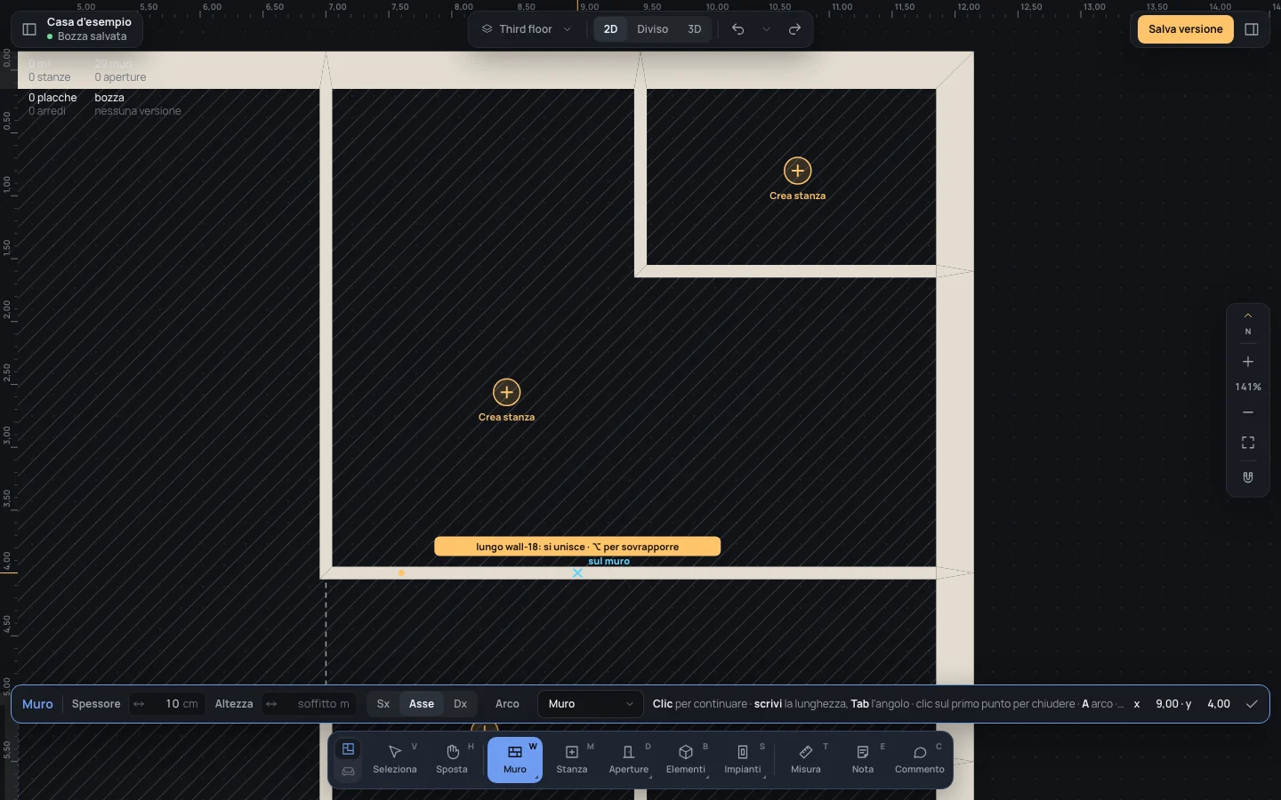 Un muro nuovo disegnato lungo il muro tra camera e ingresso: lungo wall-18: si unisce · ⌥ per sovrapporre
