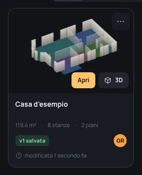 Una scheda sotto il puntatore: la pianta della Casa d’esempio sollevata in 3D, con Apri e 3D sopra