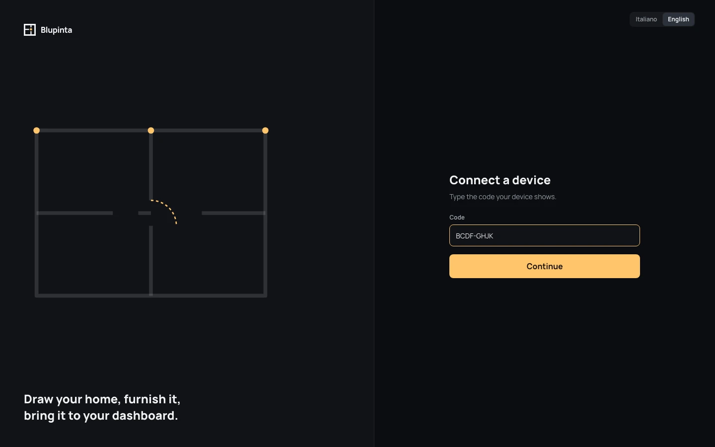 Connect a device: the Code field with BCDF-GHJK typed, and Continue