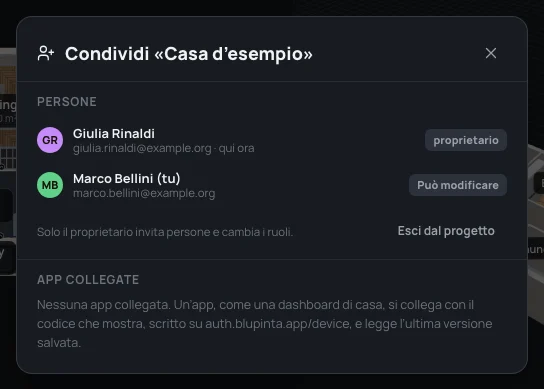 La finestra Condividi vista da Marco Bellini: Giulia Rinaldi la proprietaria, qui ora, Marco Bellini con Può modificare, ed Esci dal progetto