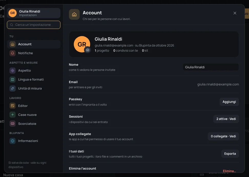 La sezione Account: la scheda con iniziali, nome, indirizzo e conteggi, poi Nome, Email, Passkey, Sessioni, I tuoi dati ed Elimina l’account