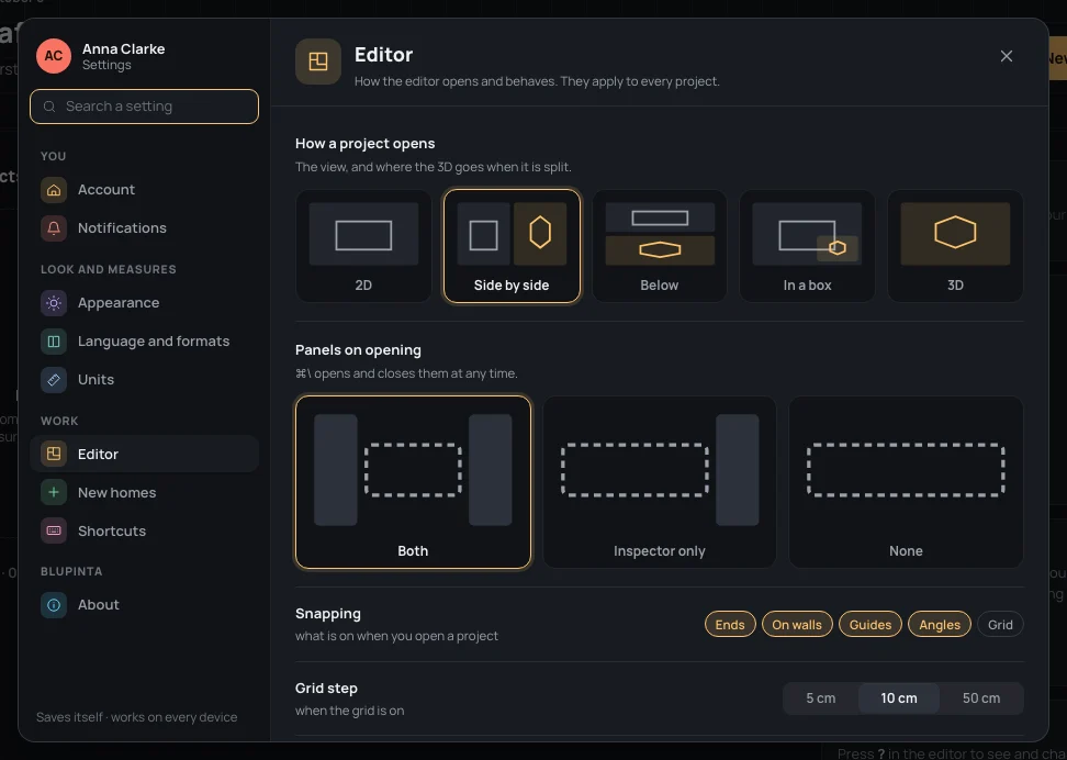 Editor: How a project opens, Panels on opening, Snapping and Grid step