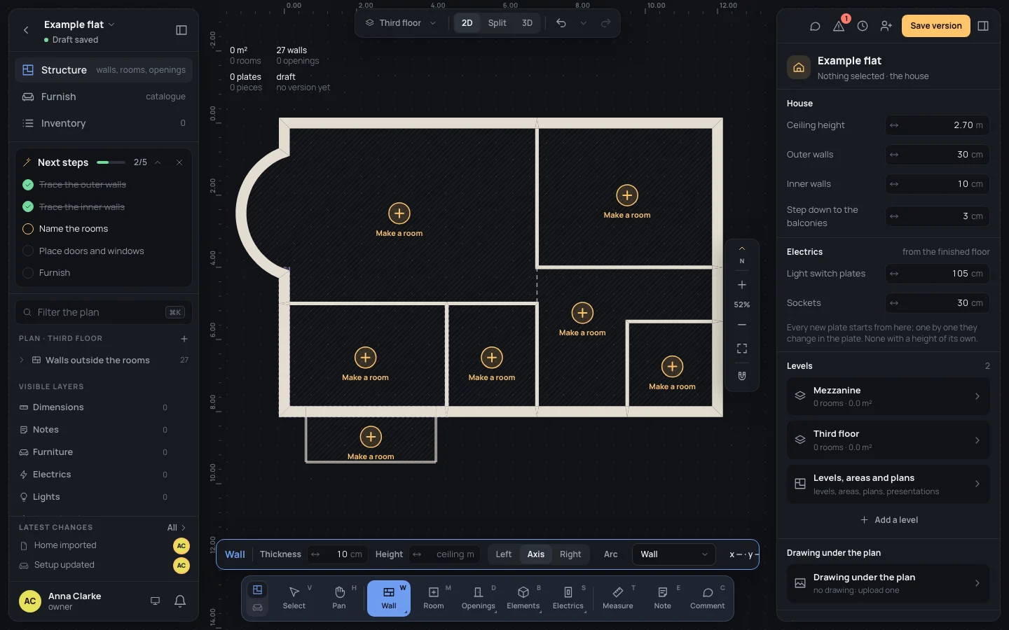 The bare example flat in the editor: the third floor's walls, the balcony's railing to the south, every region with Make a room