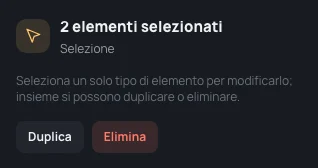 Una stanza e un muro selezionati insieme: 2 elementi selezionati, con Duplica ed Elimina