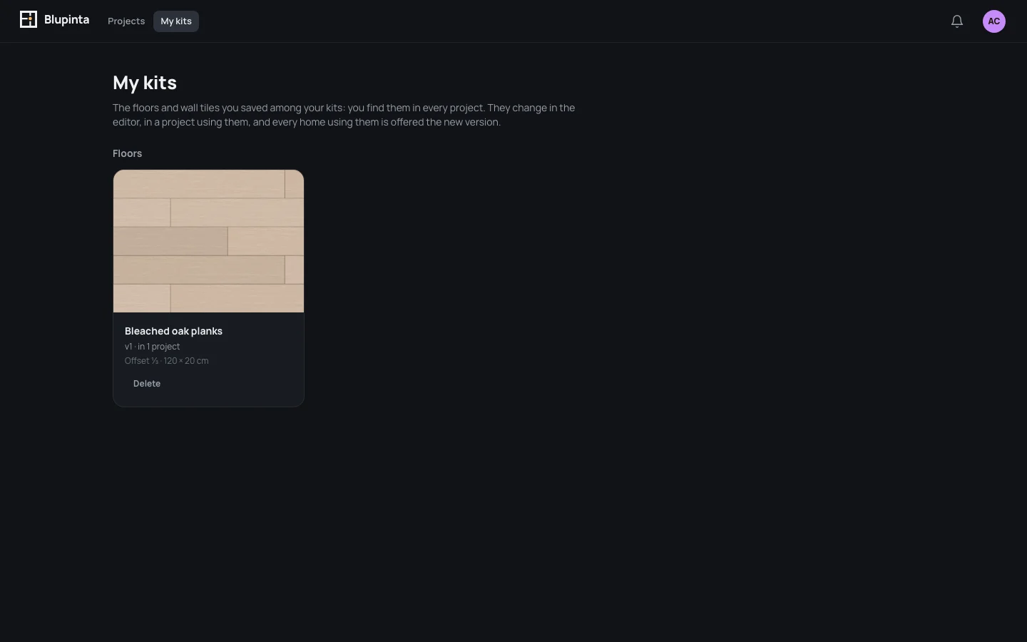 My kits: one kit, Bleached oak planks, v1 · in 1 project, Offset ⅓ · 120 × 20 cm, Delete
