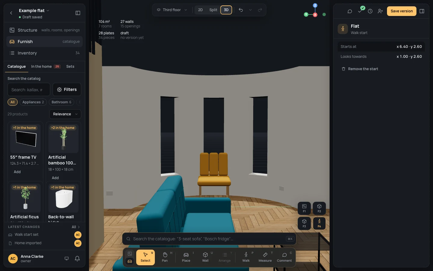 The 3D in first person from the start: the living room's bay with its three windows, the sofa in front