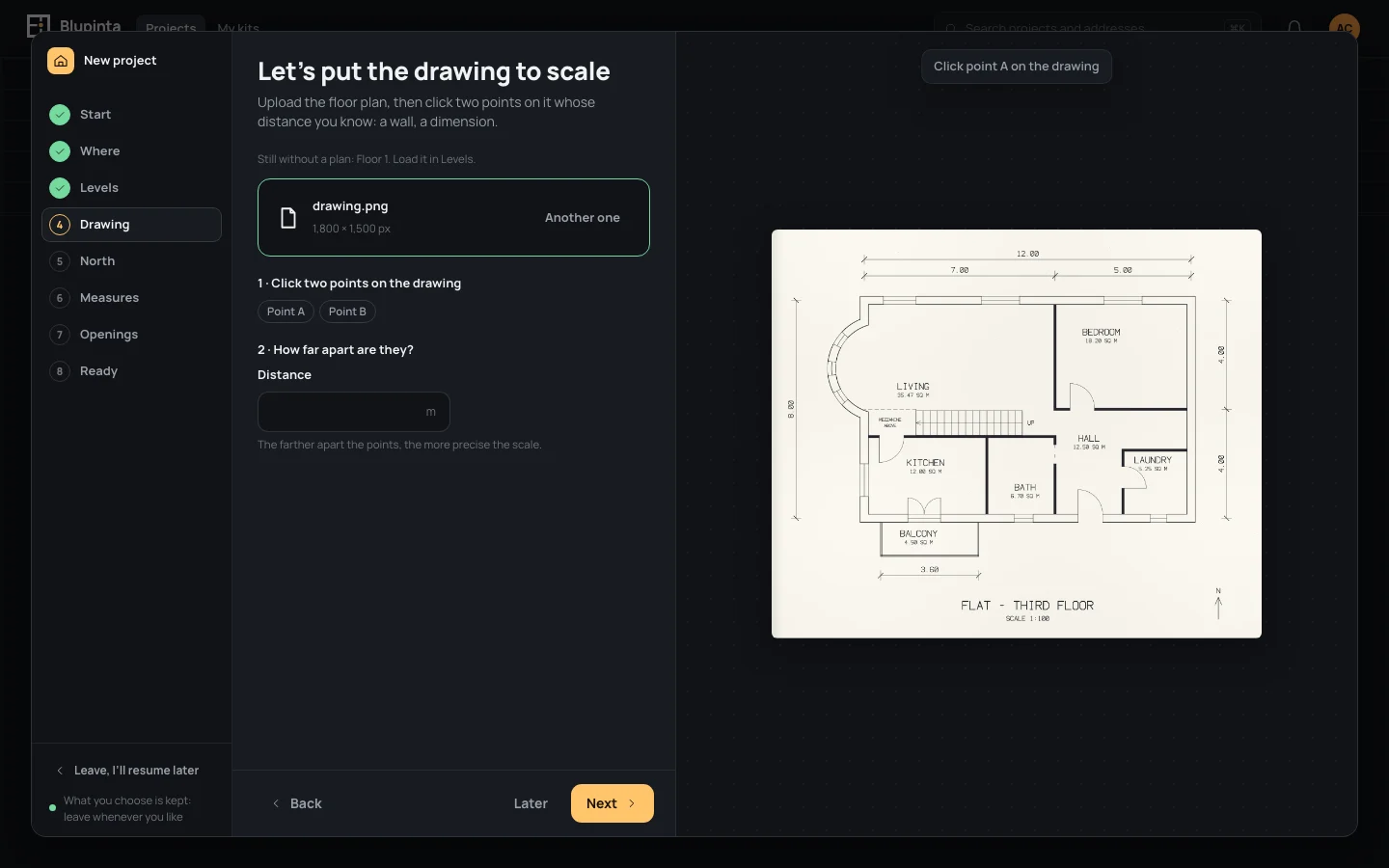The example's drawing uploaded: drawing.png, 1,800 × 1,500 px, waiting for the two points