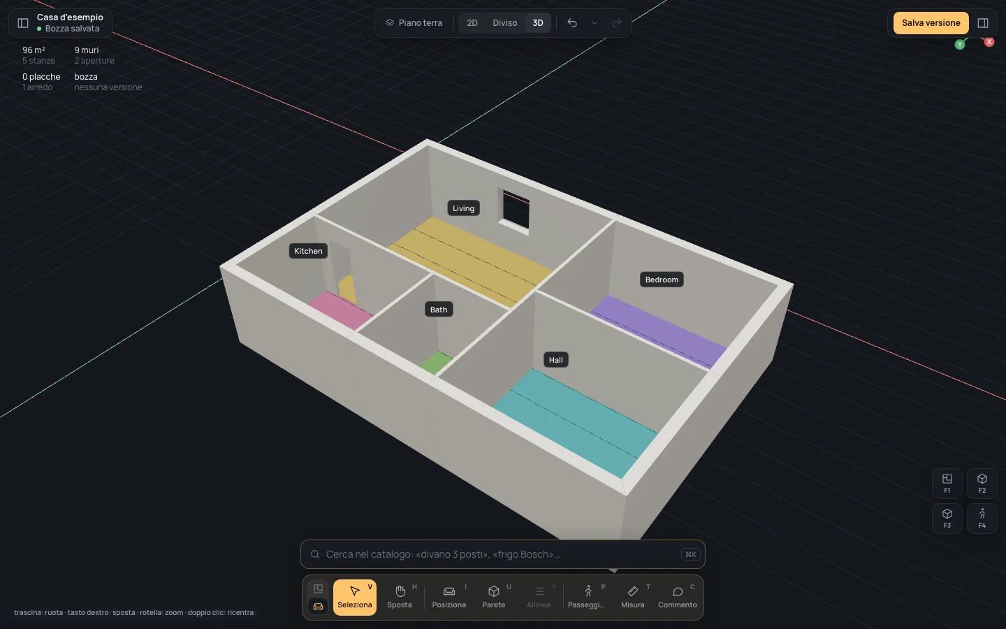 La casa d’esempio semplice in 3D: il perimetro di 12 × 8 m, cinque stanze con il loro nome, la finestra nel muro nord del soggiorno