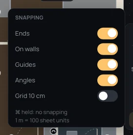 The Snapping popover: Ends, On walls, Guides and Angles on, Grid 10 cm off
