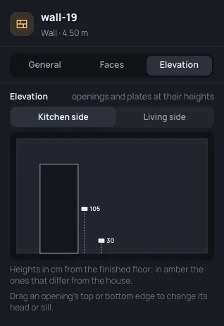 The elevation of wall-19 from the kitchen: the door, a light switch at 105 and a socket at 30