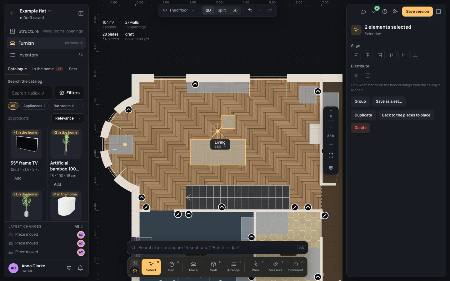 The coffee table and the sofa selected, the table 40 cm off to the right; the inspector shows Align and Distribute