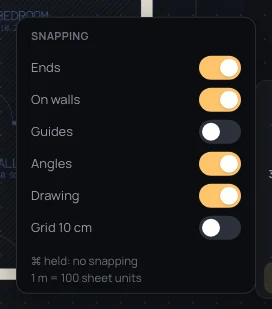 The Snapping switches: Ends, On walls, Angles and Drawing ticked, Guides unticked, Grid 10 cm off