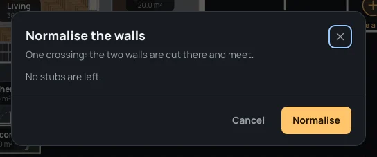Normalise the walls: one crossing to cut, no stubs left, Cancel and Normalise