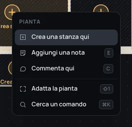 Il clic destro su una regione senza stanza: Crea una stanza qui, Aggiungi una nota, Commenta qui