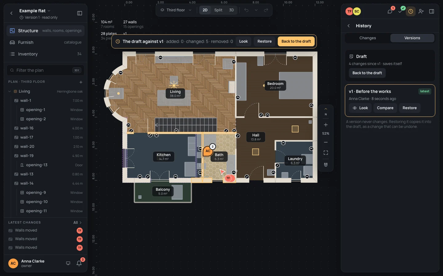 The draft against v1, added: 0, changed: 5, removed: 0: the wall between the kitchen and the bath moved east and the walls joined to it in the accent colour, with the comment's pin on it