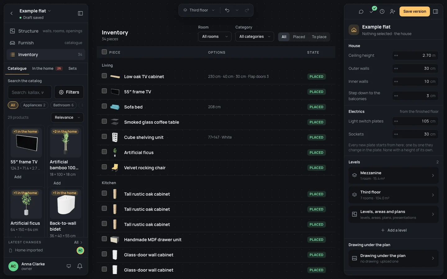 The Inventory workspace: every piece of the home in a list, by room, with its options and whether it is placed