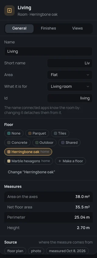 The Living's General tab: Short name Liv, Area Flat, What it is for Living room, Id living, with the note that connected apps know the room by its id