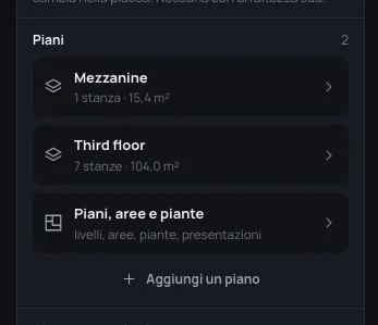 I Piani della casa: Mezzanine, 1 stanza, 15,4 m²; Third floor, 7 stanze, 104,0 m²; Piani, aree e piante; Aggiungi un piano