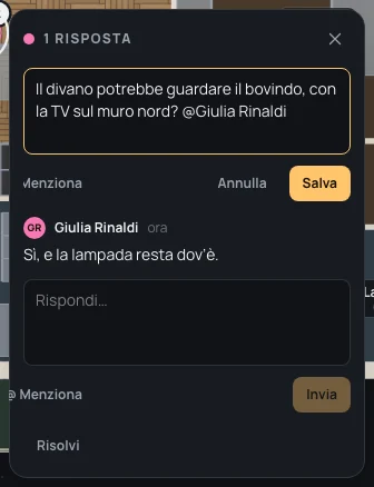 Il messaggio di Marco Bellini aperto per modificarlo, con Menziona, Annulla e Salva, sopra la risposta di Giulia Rinaldi