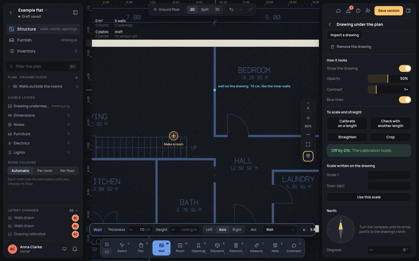 Zoomed in on the wall between the living room and the bedroom: wall on the drawing · 10 cm, like the inner walls
